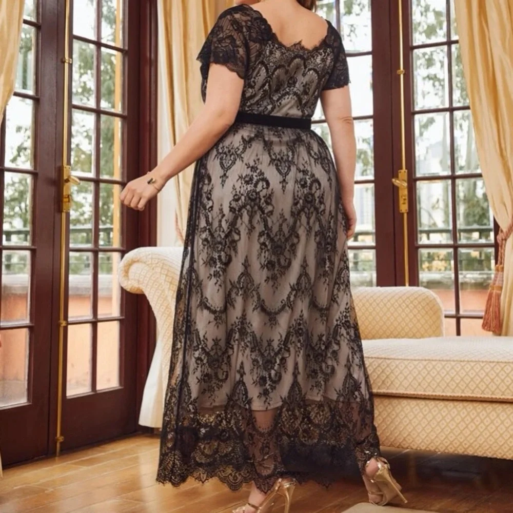 Black  floral lace embroidered party holidays dress - Picture 6 of 8